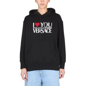 VERSACE Crystal Embellished Slogan Cotton Hoodie Women BLACK Sweaters & Knitwear